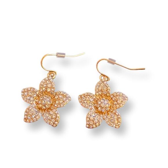 ⭐️3/$25⭐️ Flower Rhinestone Gold Tone Dangle Earrings NWT - Picture 1 of 1